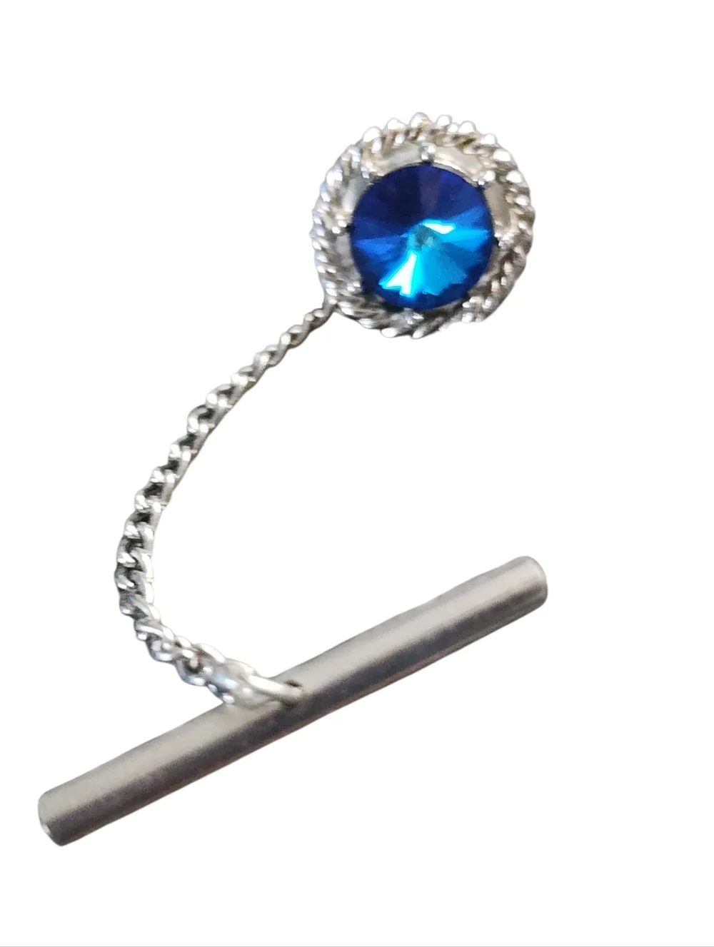 Dante Silvertone Tie Clip Cufflink Set Mesh Blue Rivoli Crystals Vintage